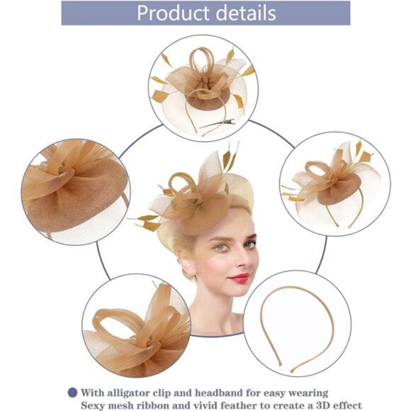 Fascinator Hats with Gloves Set for Women Tea Party Cocktail Wedding Headwear - Picture 5 of 7